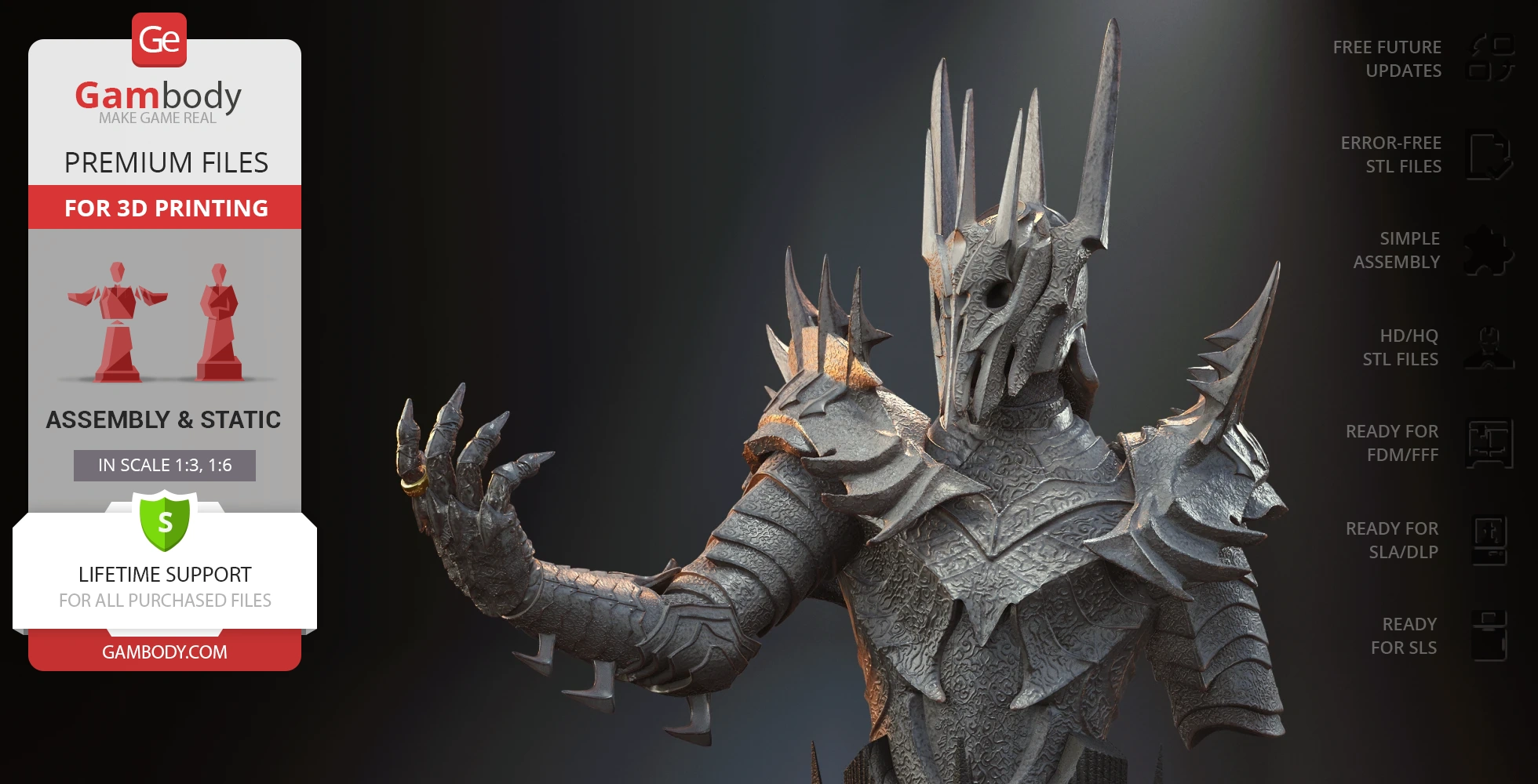 Armored Sauron bust from LOTR, detailed with spikes and intricate patterns, prepared for 3D printing.