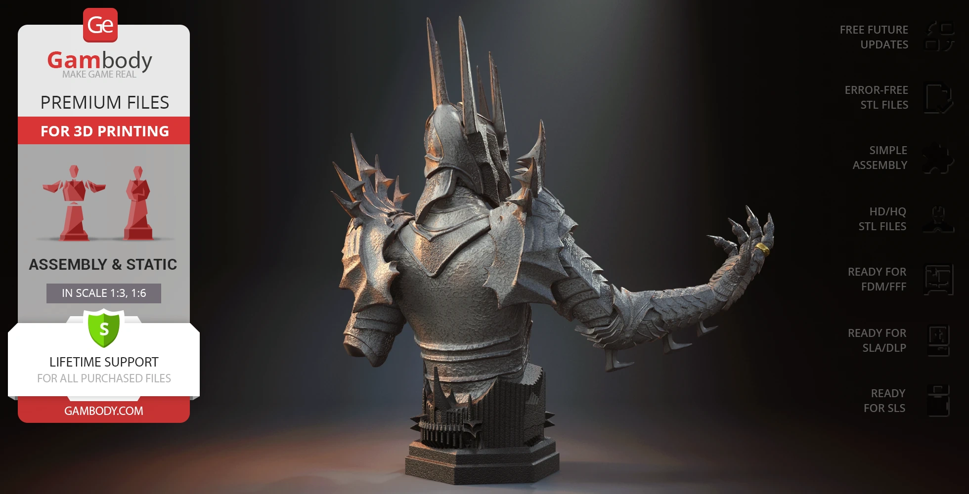 Armored figure bust with spiked helmet, extended hand, and intricate detailing, ready for 3D printing.