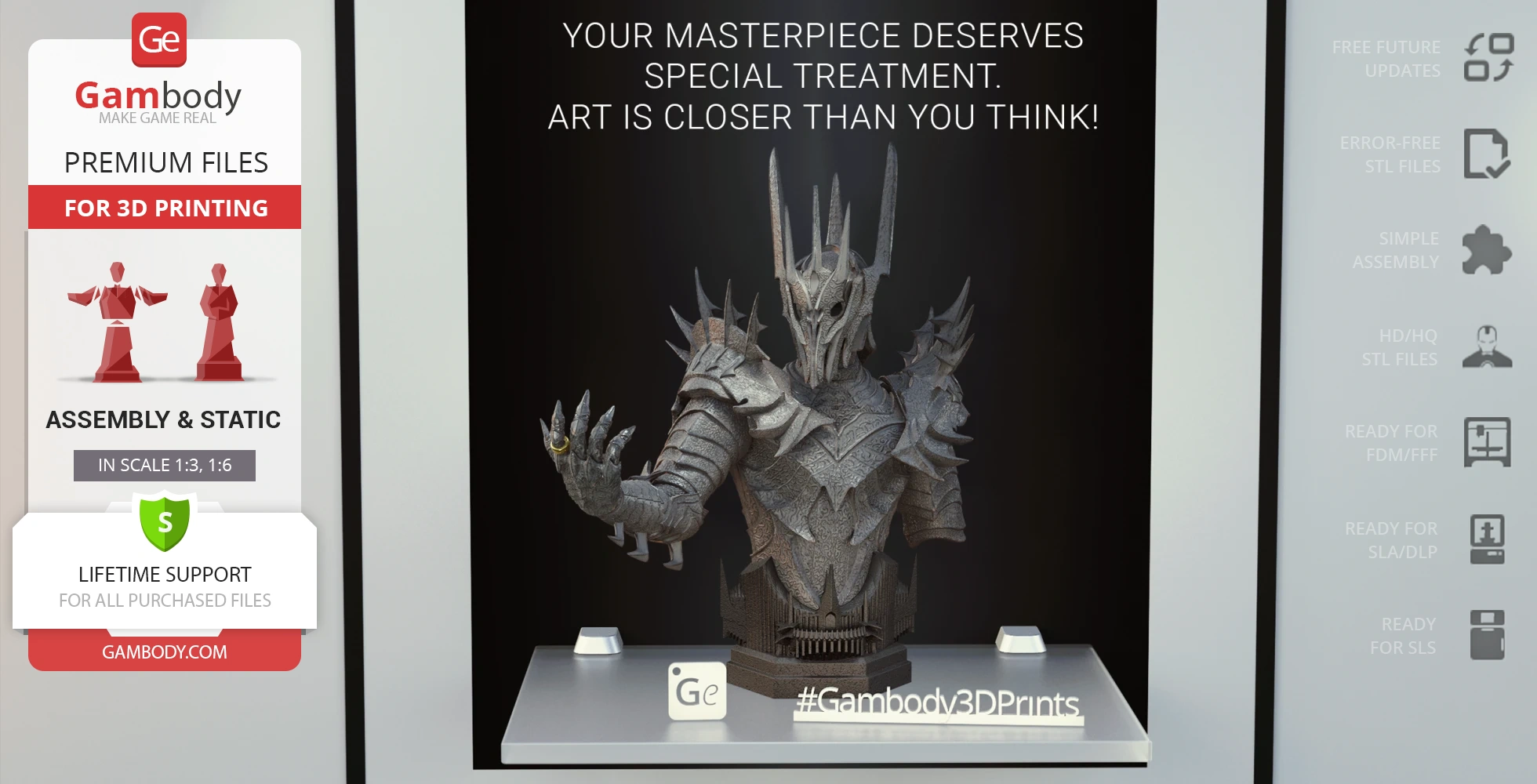 A detailed 3D bust of an armored figure with a spiked helmet and extended hand holding a ring.