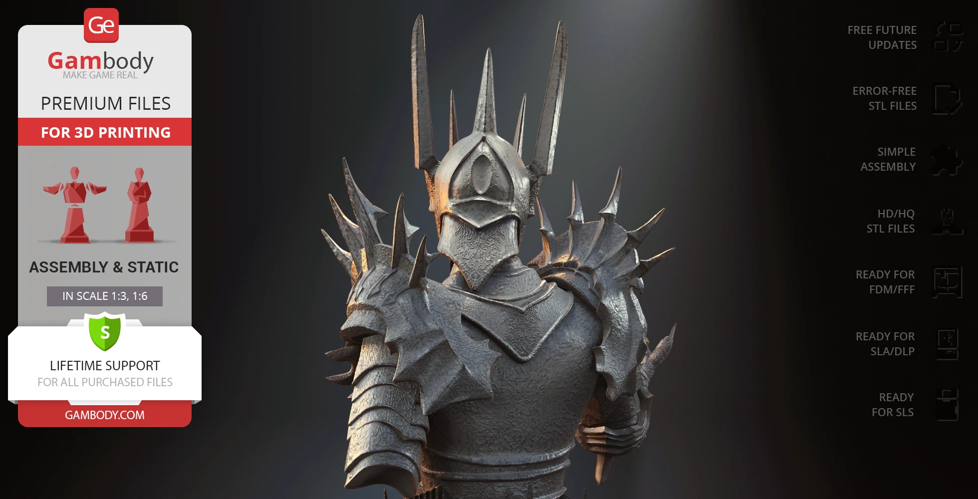 A detailed 3D bust of a spiky-armored figure with a helmet, suitable for 3D printing.