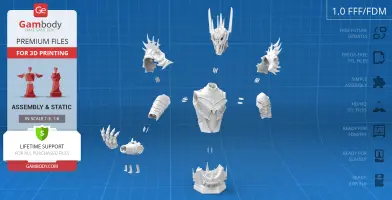 3D model parts of a Sauron bust, including helmet, torso, arms, hands, and base, displayed for assembly.