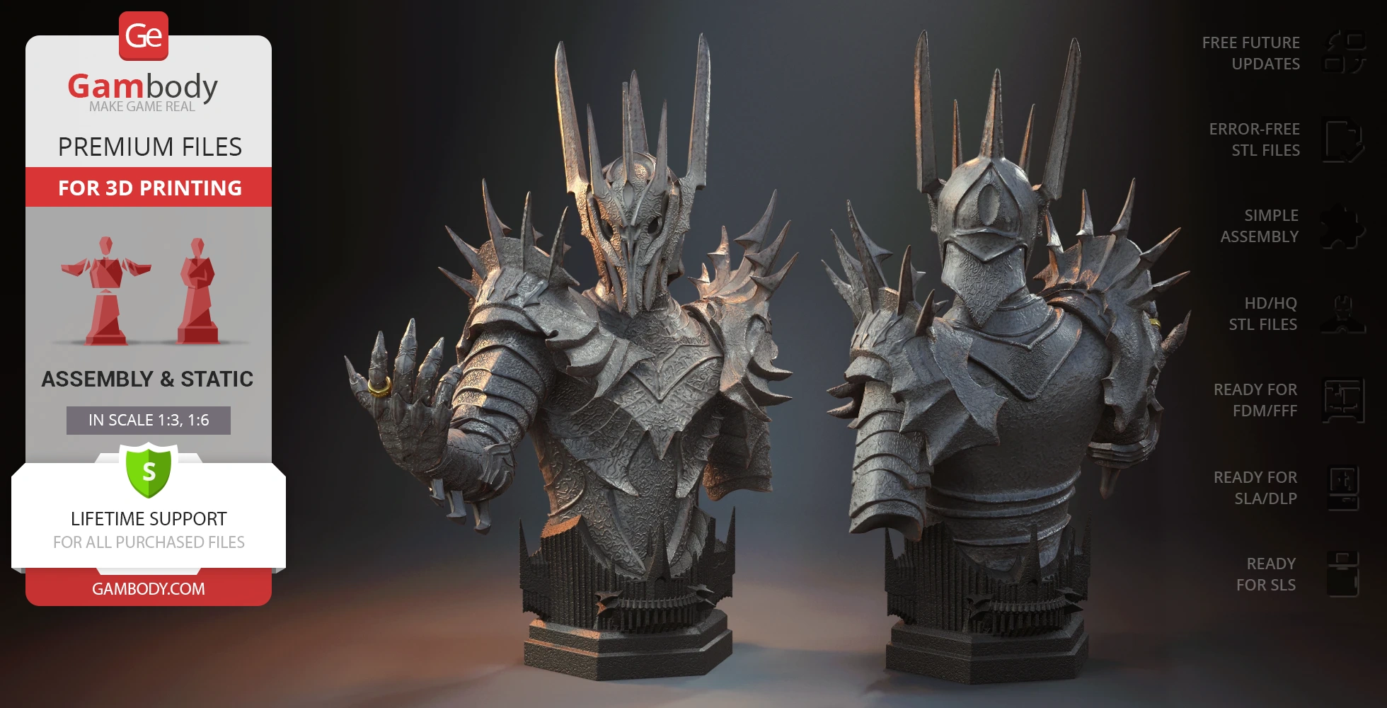 A spiky armored bust of a dark, menacing figure from LOTR, ready for 3D printing.