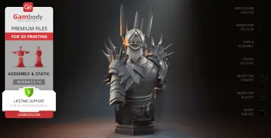 Dark, armored Sauron bust with spiked helmet, ready for 3D printing from Gambody.