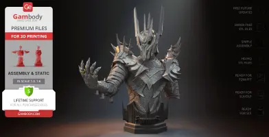 A detailed bust of a menacing armored character with a spiked helmet and outstretched hand.