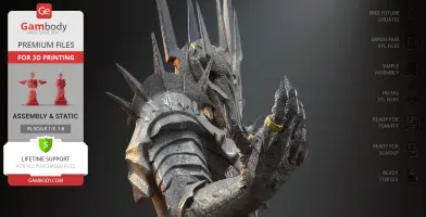 A detailed bust of Sauron from LOTR, wearing armor and holding the One Ring. Available for 3D printing on Gambody.