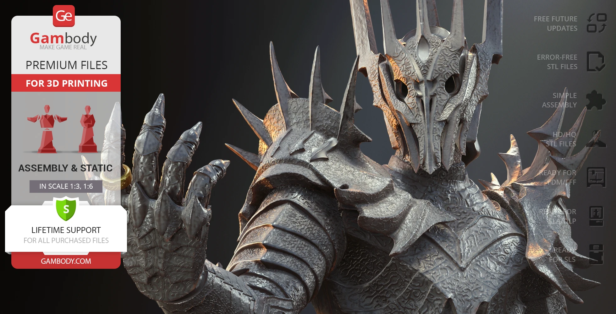 A detailed bust of an armored figure with a spiked helmet and raised hand for 3D printing.