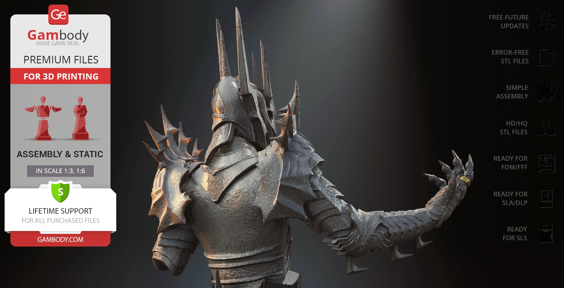 Angled view of a detailed Sauron bust 3D model with spiked armor, from Lord of the Rings.