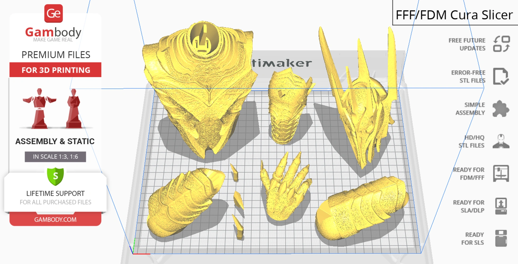 Golden 3D-printed parts of a fantasy armor bust, including a helmet, chest piece, and gauntlet.