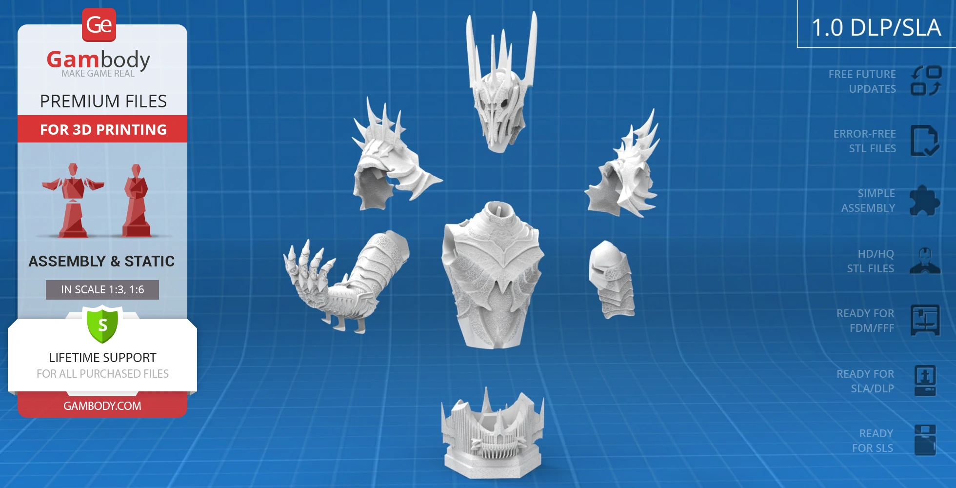 A 3D model of Sauron's bust in parts, featuring armor details and spiked helmet, designed for printing.