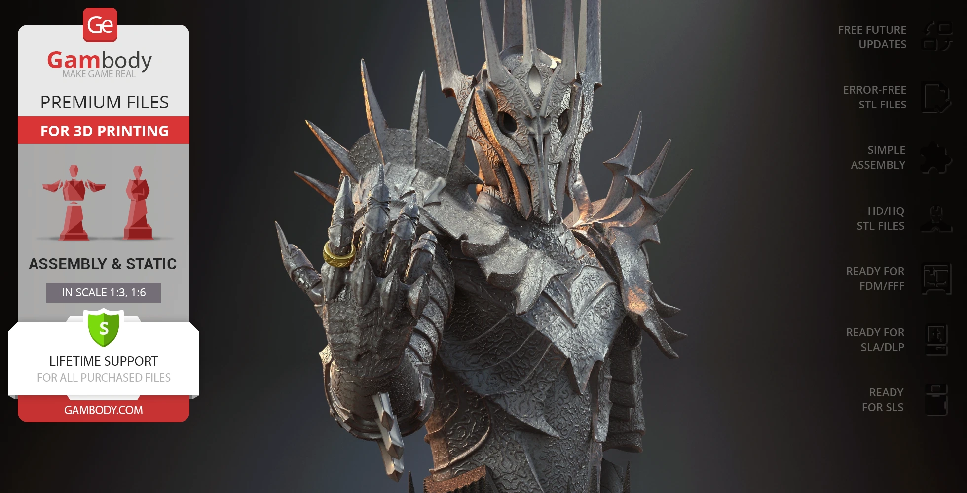 A 3D model of Sauron in armor, holding the One Ring, designed for 3D printing.