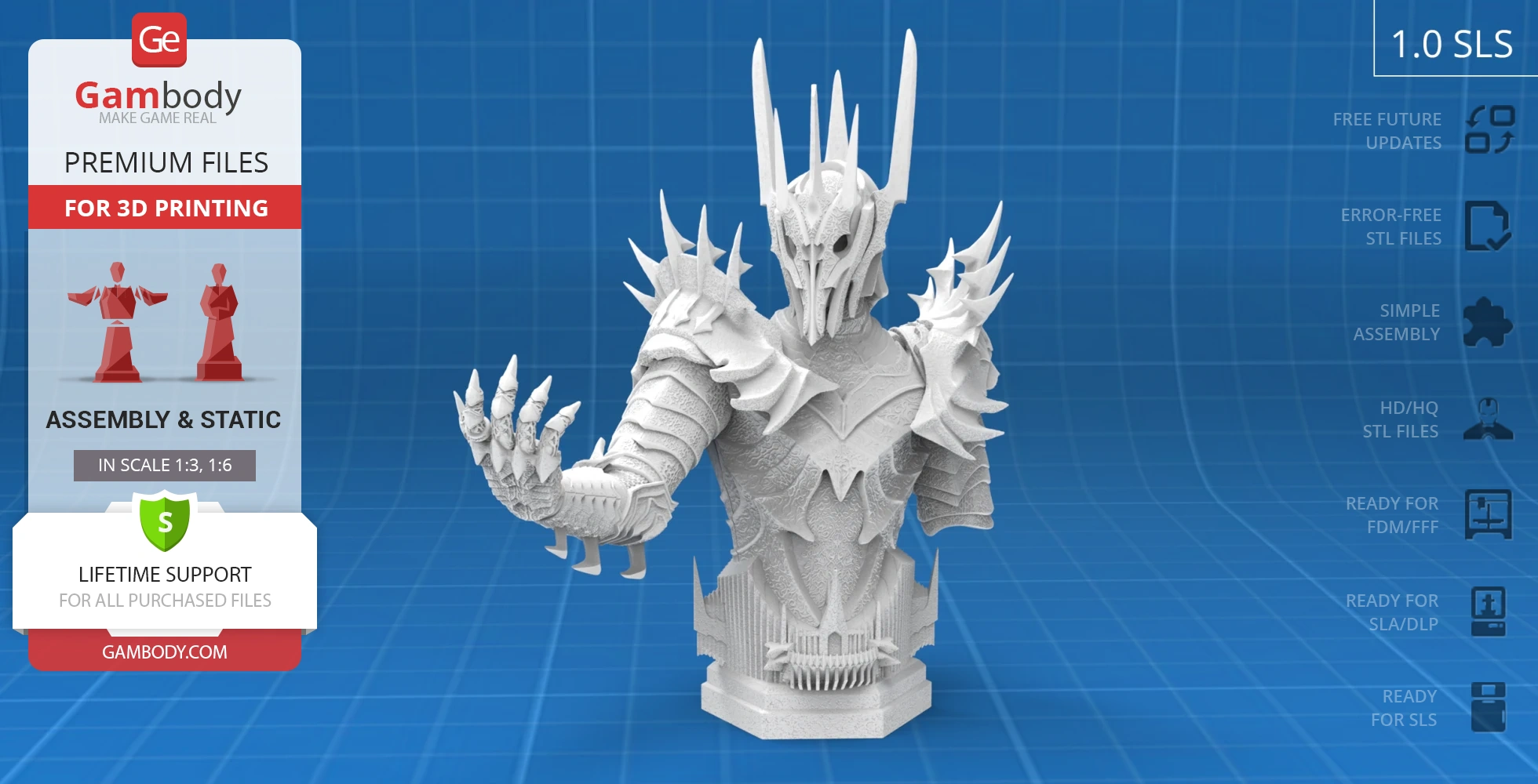 A detailed 3D-printed bust of an armored character with a spiked helmet and outstretched hand.