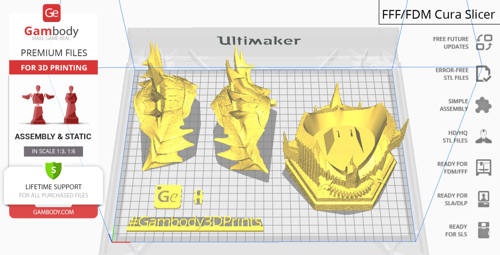 3D model of Sauron bust on a grid, ready for 3D printing, with assembly and print options displayed.