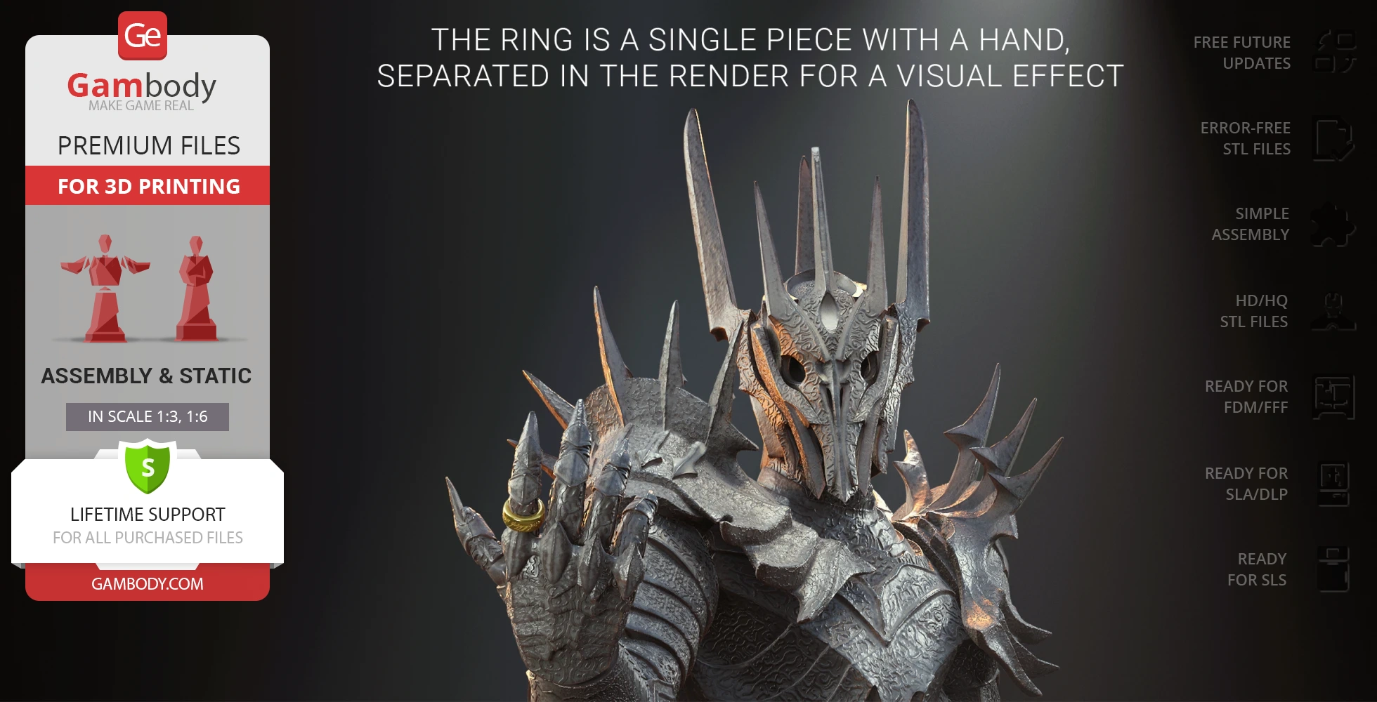 A detailed bust of a spiky armored figure with a ring on its finger, suitable for 3D printing.