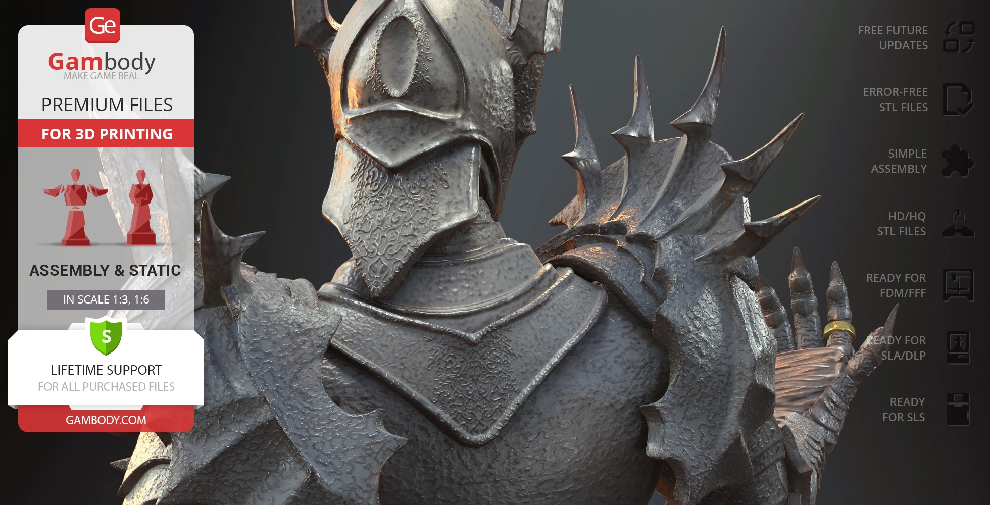 Armored figure with spiked helmet and gauntlet, holding a ring. Texture detail and Gambody branding visible.