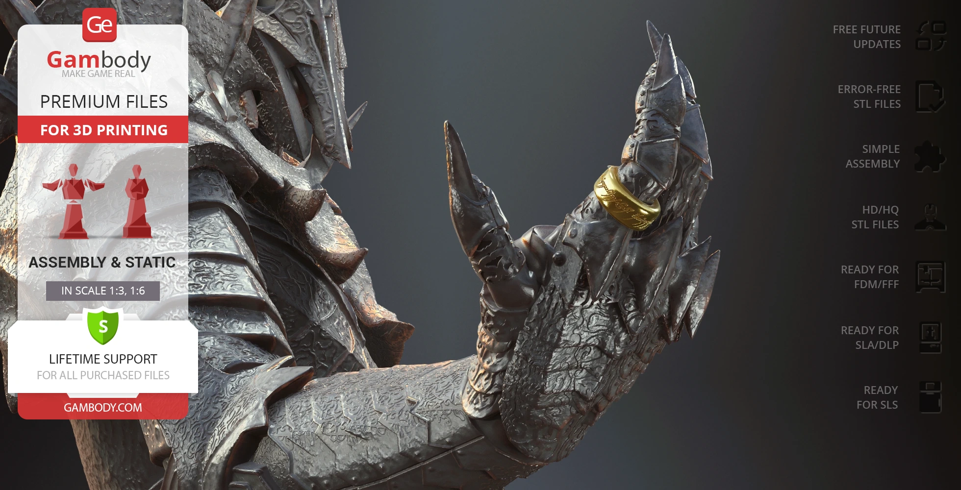 A detailed 3D model of Sauron from LOTR, showcasing intricate armor and the One Ring on his finger.