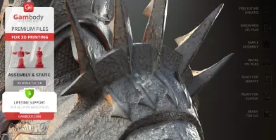 Close-up of a detailed Sauron bust with spiked helmet textures for 3D printing, presented by Gambody.