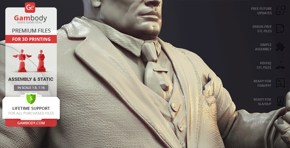 A 3D model of a large man in a suit and tie, suitable for 3D printing, offered by Gambody.