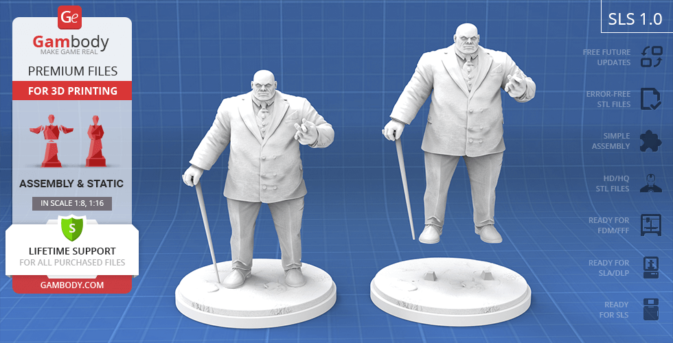 A detailed 3D model of a large, suited man with a cane, designed for 3D printing on a display platform.