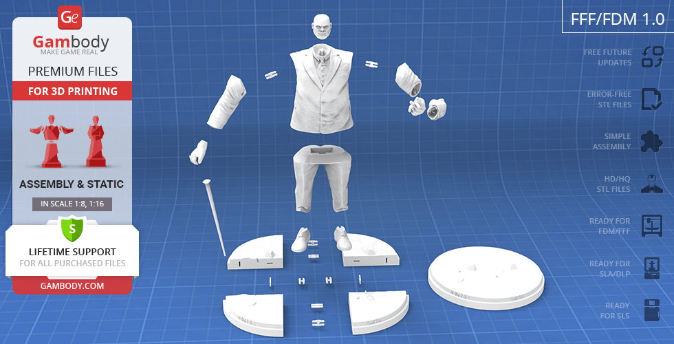 Disassembled 3D model of a suited character for printing, includes head, torso, limbs, and base parts.