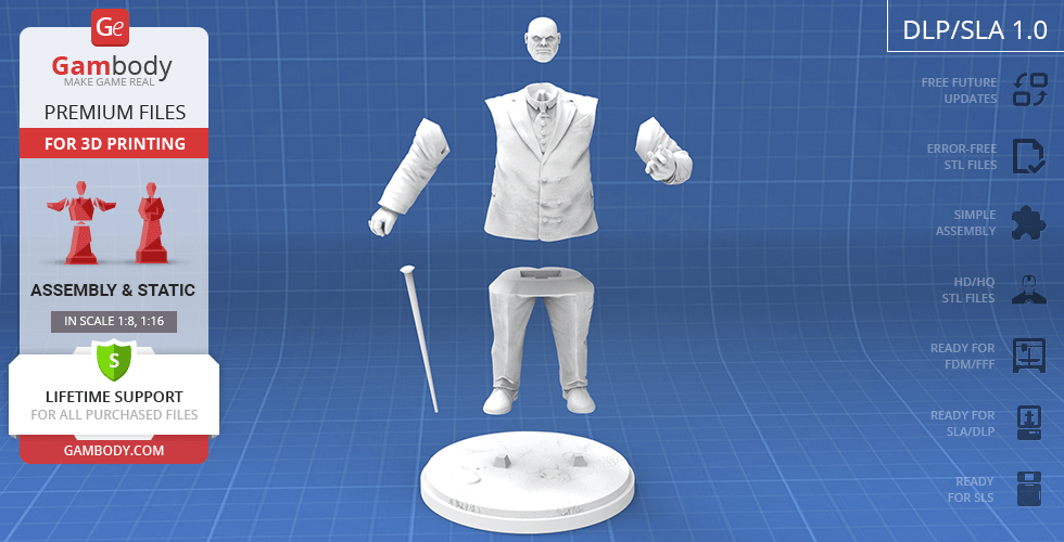 A 3D model of a suited, muscular man in pieces for assembly, shown on a grid background for printing.