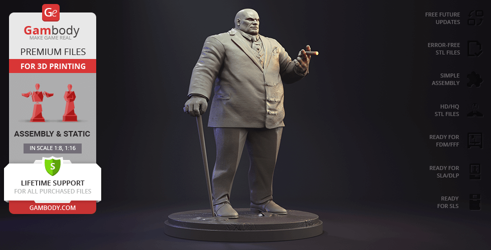 A 3D printed figure of a large, bald man in a suit, holding a cigar, standing on a circular base.