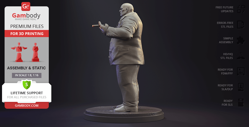 A 3D printable model of a large, suited man holding a small object, designed by Gambody.