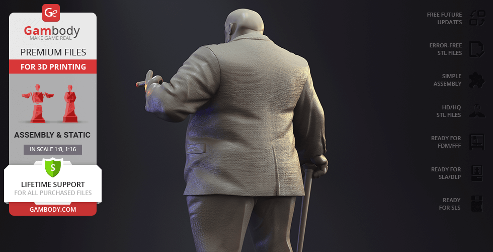 A 3D model of a large, suited man holding a cane, viewed from the back.