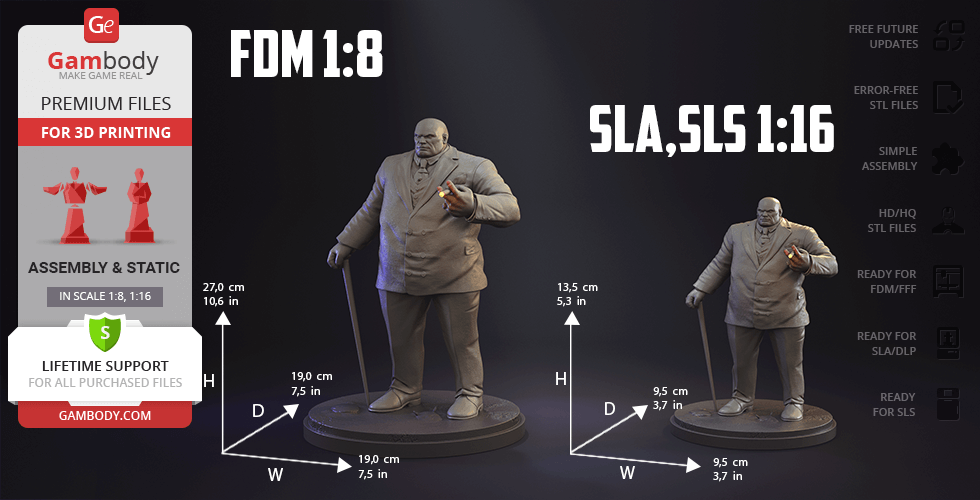 Two 3D-printed figures of a bulky, suited man holding a cane, in different scales (1:8 and 1:16).