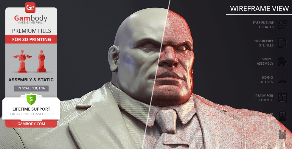 3D model of a muscular, bald man in a suit, shown with wireframe rendering.