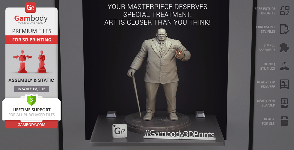 3D model of a large suited man with a cane on a display platform, designed for 3D printing.