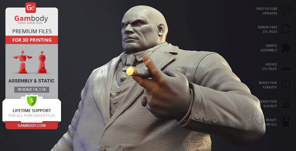 A 3D model of a large bald man in a suit, holding a cigar, designed for printing by Gambody.