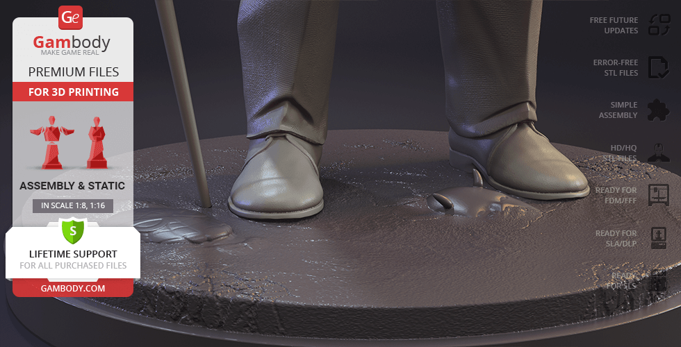 A close-up of a figure's feet standing on a textured base, with a cane, part of a 3D printing model.