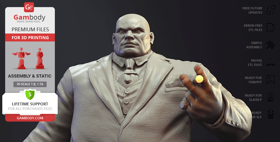 A muscular man in a suit with a stern expression, holding two fingers up, modeled for 3D printing.