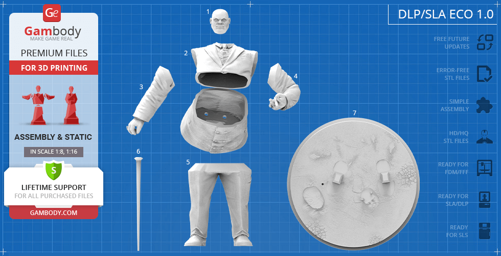 A 3D printable model of a character in a suit, disassembled into torso, arms, legs, head, and base.