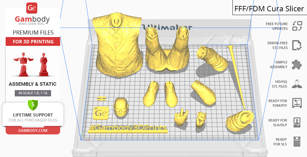 3D model parts for Kingpin, including torso, legs, arms, and head, arranged for 3D printing.