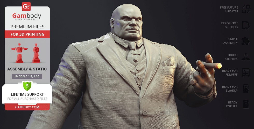 A 3D model of a large, bald man in a suit holding a cigar, designed for 3D printing.