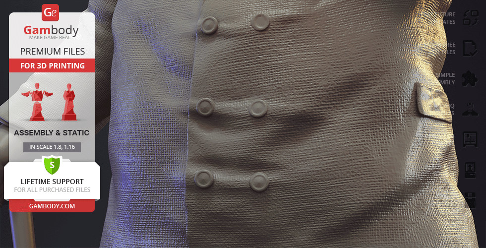 Close-up of a textured suit torso with buttons, designed for 3D printing. Gambody branding visible.