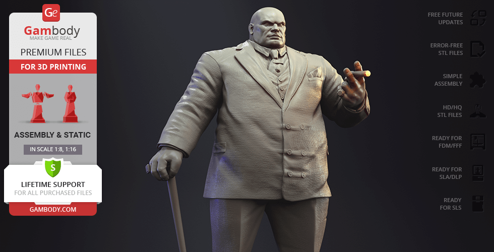 A large, suited man stands holding a cane and cigar, designed for 3D printing.