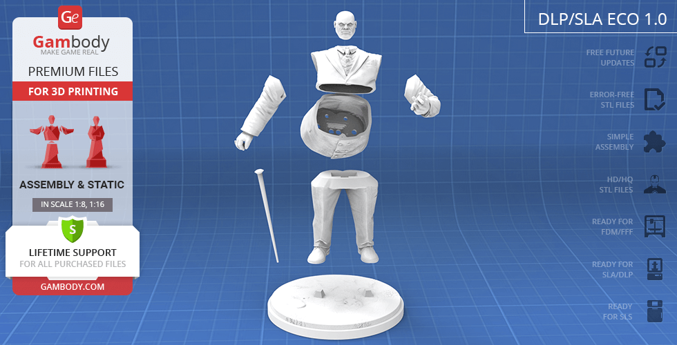 A 3D model of a large man in a suit, disassembled into separate parts for printing.