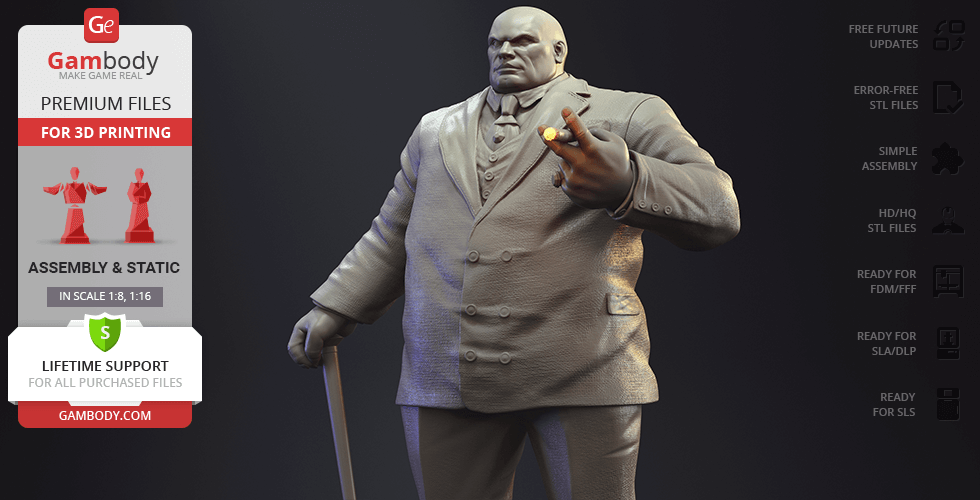 A 3D model of a large, bald man in a suit holding a cane, designed for 3D printing.