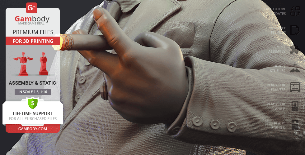 A 3D model of a man in a textured suit holding a cigar, accompanied by details of premium 3D printing files.