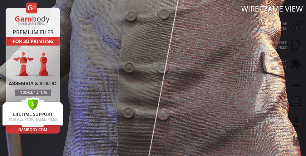 Close-up of a textured suit jacket with buttons for a Kingpin 3D model from Gambody.