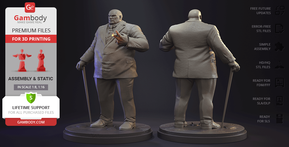 A 3D model of a large, suited man with a cane, available for 3D printing from Gambody.