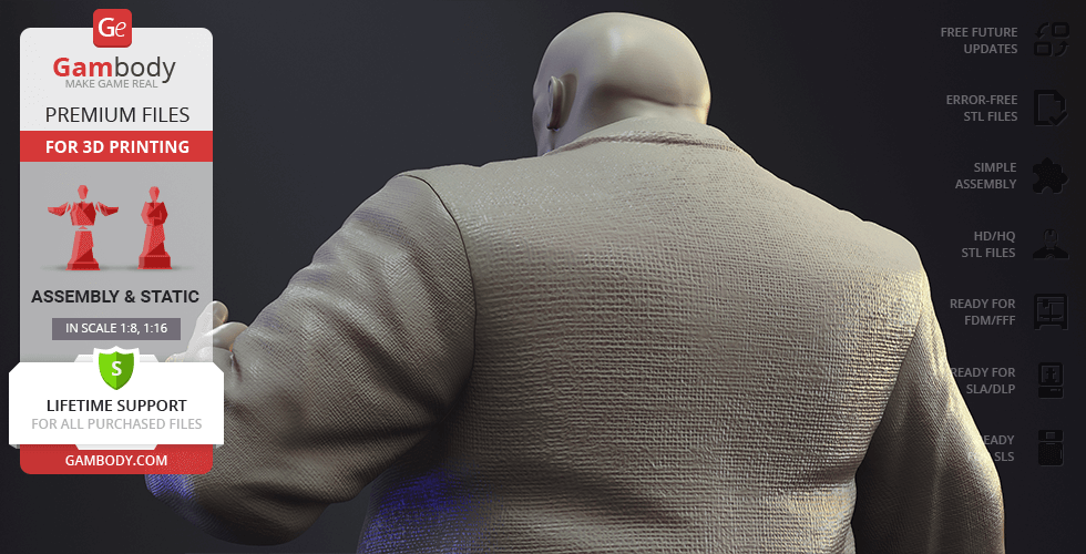 Bald character in a textured suit, viewed from behind; for 3D printing via Gambody platform.