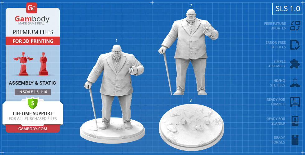 A 3D model of a large, suited man with a cane, on a textured circular base, designed for 3D printing.