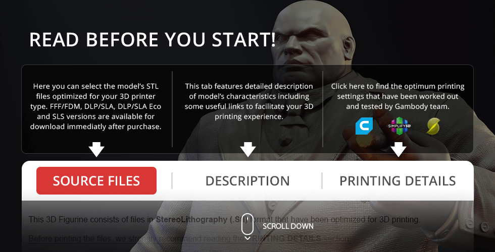 Bust of a large, bald man in a suit, with 3D printing instructions and options below.