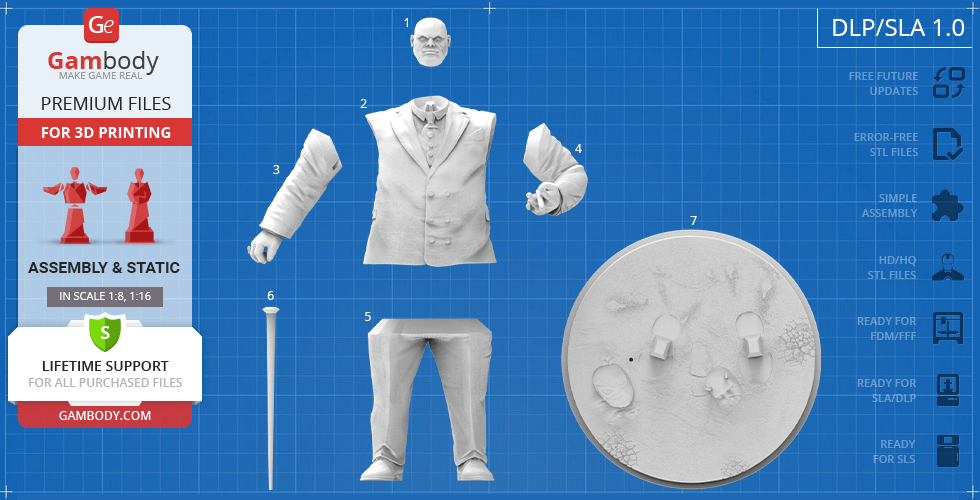 3D model parts of a suited figure with a cane and round base for printing assembly.