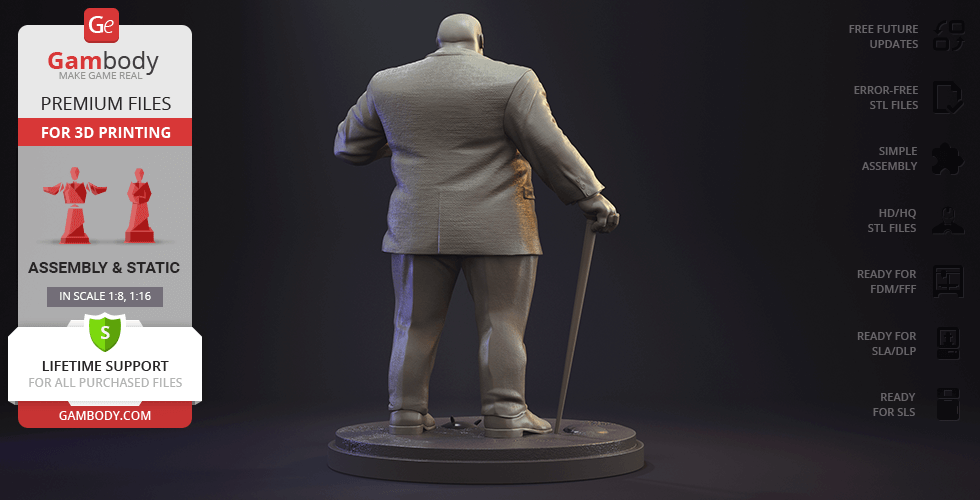 A 3D model of a large man in a suit holding a cane, viewed from the back, on a circular base.