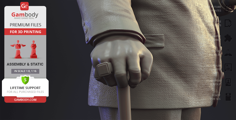 A close-up of a 3D printed figure's hand holding a cane, wearing a textured suit with a large ring.