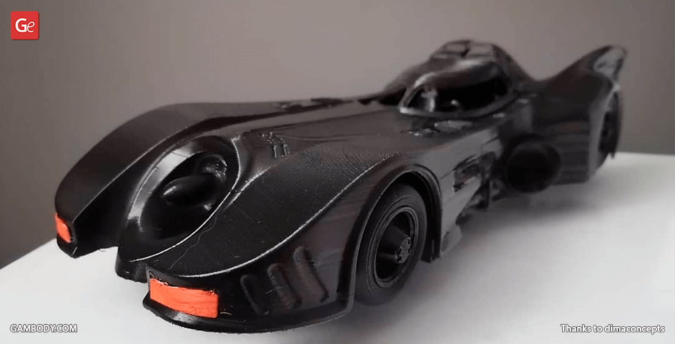 A 3D-printed Batmobile from 1989, showcasing sleek black detailing and iconic design elements.